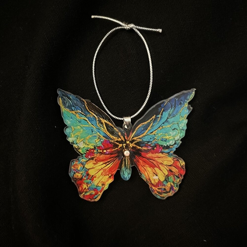 Christmas Tree Ornament, Green Yellow & Swarovski Crystal Victorian Butterfly
